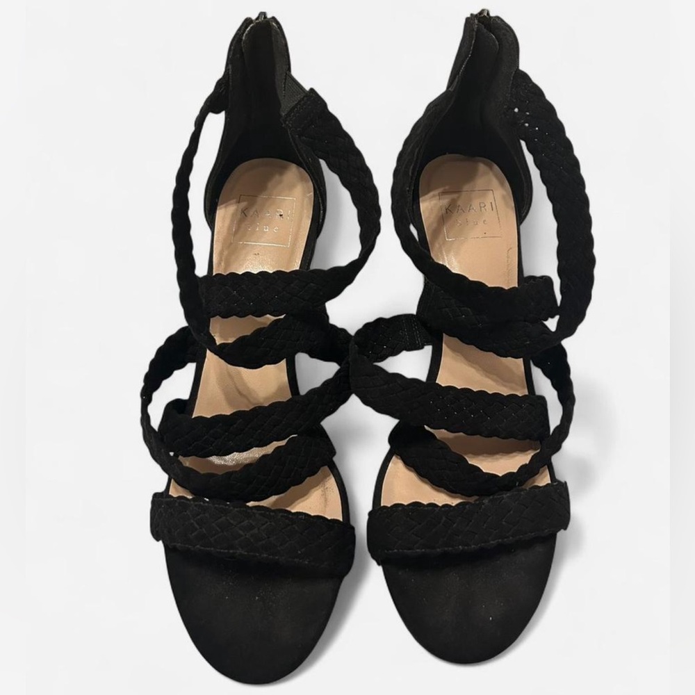 Kaari Blue | Black Braided Strappy Heels | Size 10 | Zip Back Wedge Sandals
